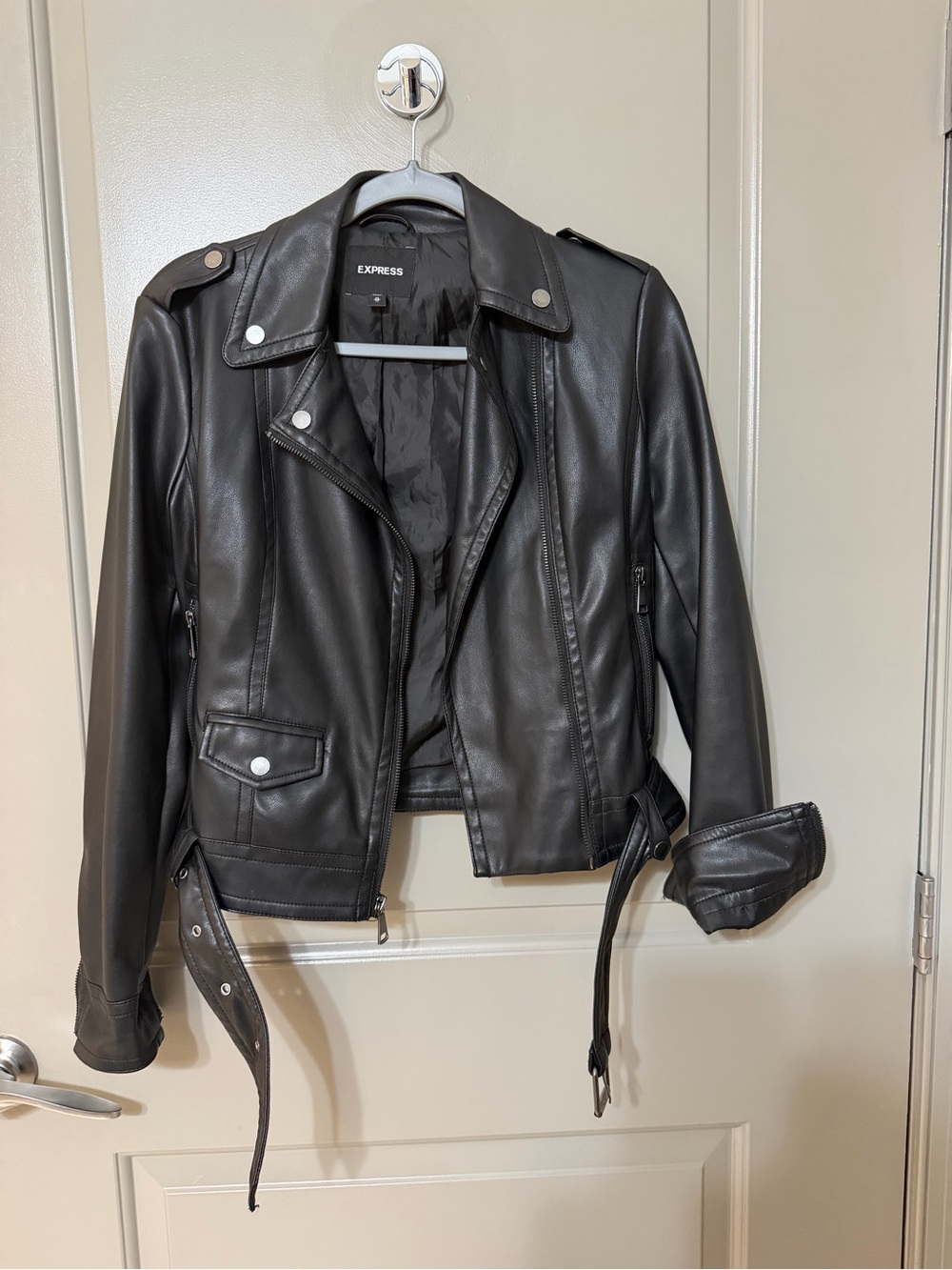 Express Black Faux Leather Biker Jacket with Belt
